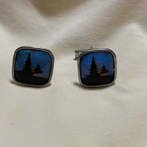 Vintage‎ 50's Butterfly Wing Blue Evergreen Sunset cuff links Party Wedding - Picture 7 of 7